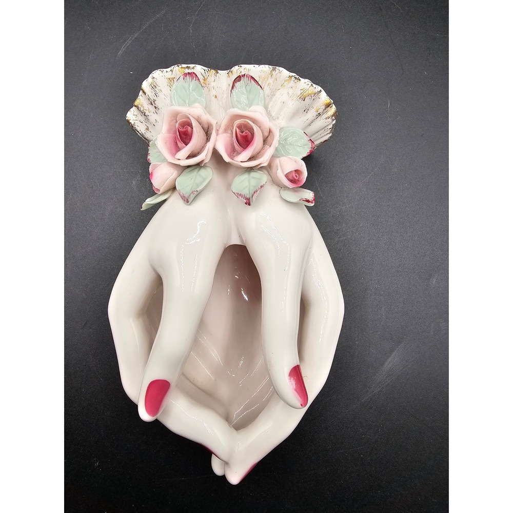 Vintage Lefton 714 Porcelain Hand Wall Pocket Vase Pink Roses Gold Trim Japan AB